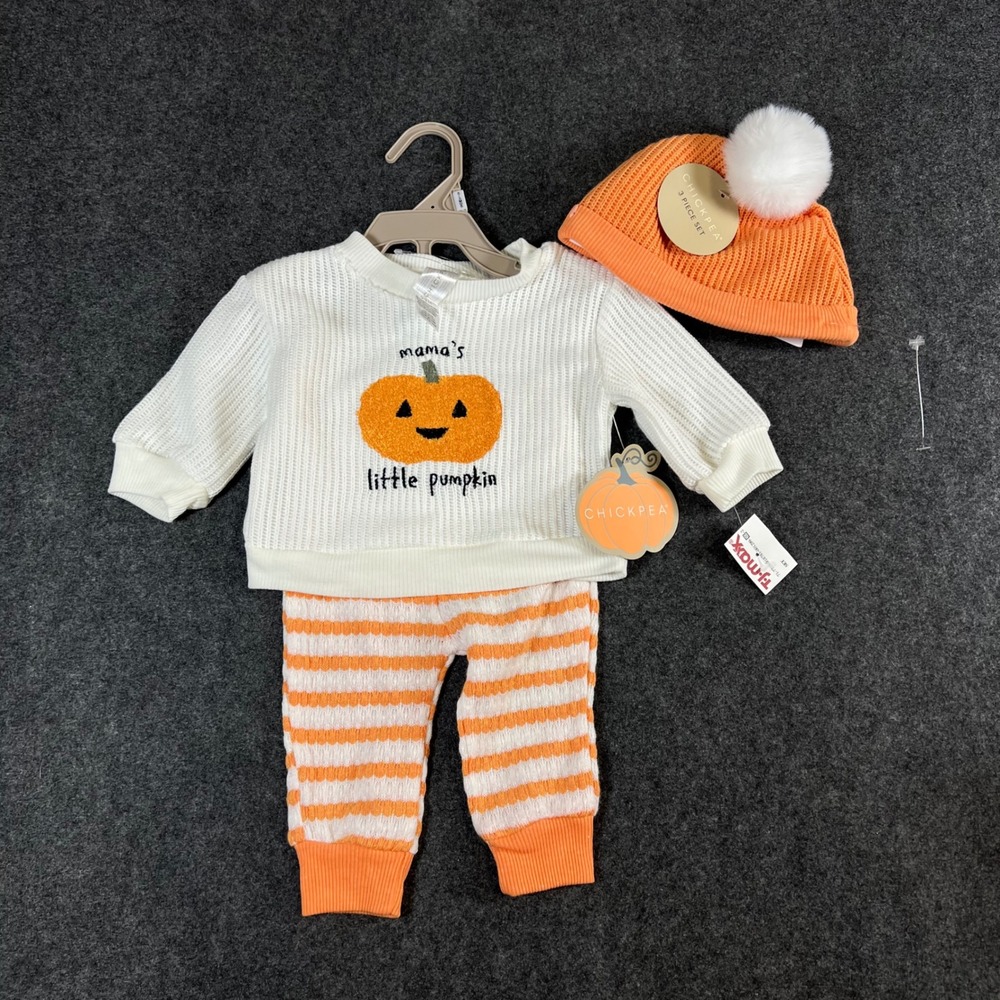 Chickpea Baby 0-3M Pumpkin Waffle Knit 3 Piece Set Top Pants Hat Orange White